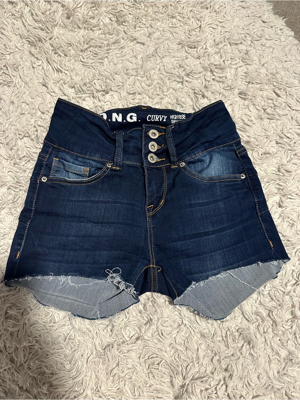 S.O.N.G. High-Rise Curvy Dark Blue Denim Jean Shorts with Triple Button